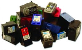 Several printer ink cartridges in a pile