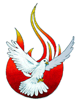 ASLDC logo - white dove flying in front of red/orange/yellow fire background